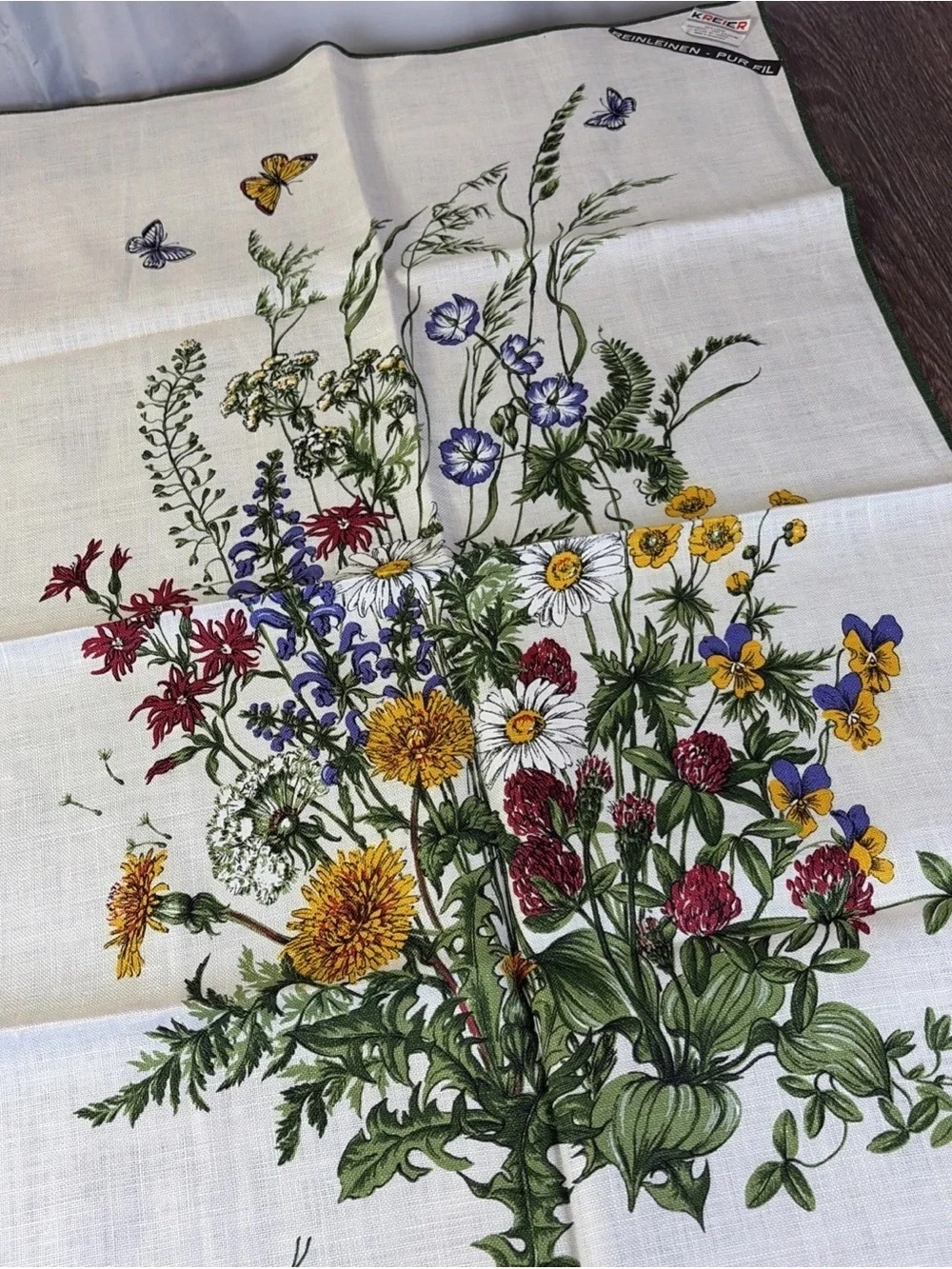 Vintage Kreier 100% Linen Tea Towel Swiss Table Wall Hanging Wildflowers Floral